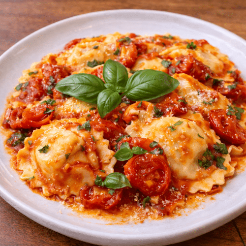 Ravioli ricotta, tomate fraiche, basilic