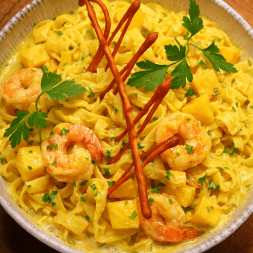 Tagliatelle de scampis, coco, mangue et curry