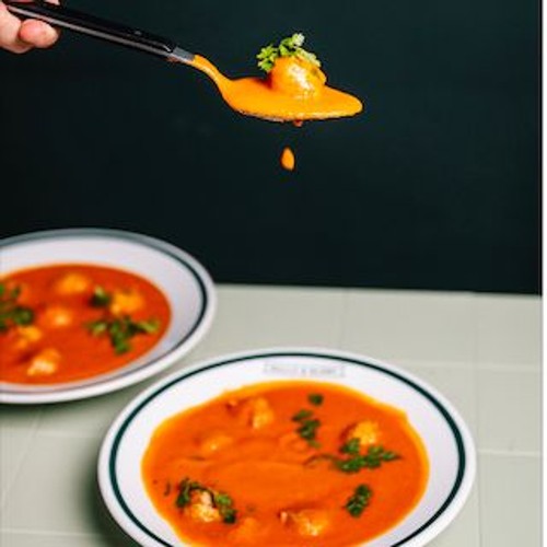 Tomatosoup with ballekes (porc-chervil-vermicelli) & focaccia