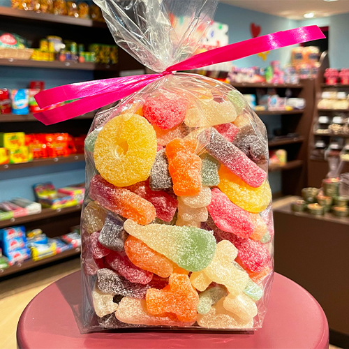 Snoepzak (1 kg) zure Geldhof snoepmix (bevat gelatine)