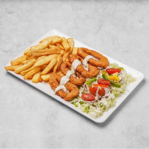 Plat beignet calamars maison frite salade papou