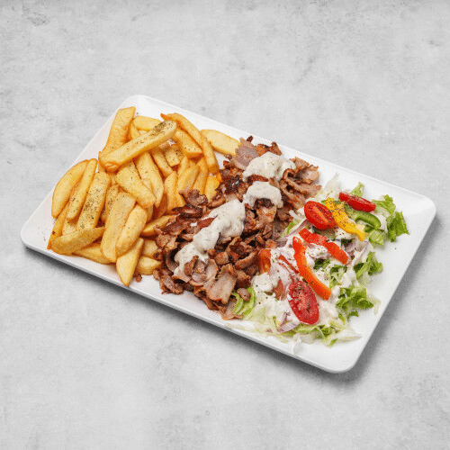 Plat gyros de porc frite salade papou sauce ail