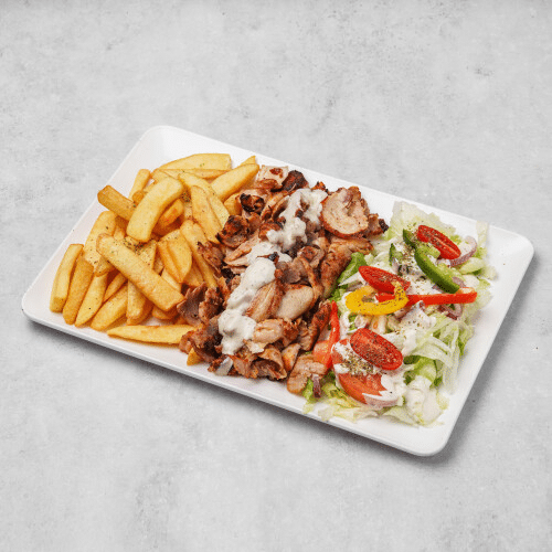 Plat gyros de poulet frite salade papou sauce ail