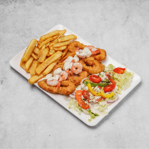Plat scampis beignet calamars frite salade papou