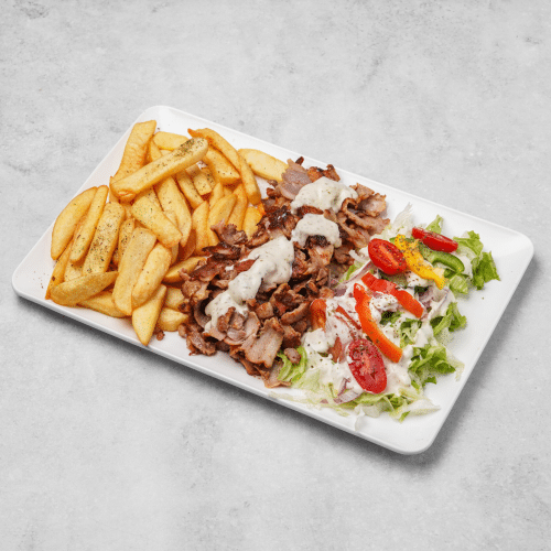 Plat gyros mixte porc poulet frite salade papou
