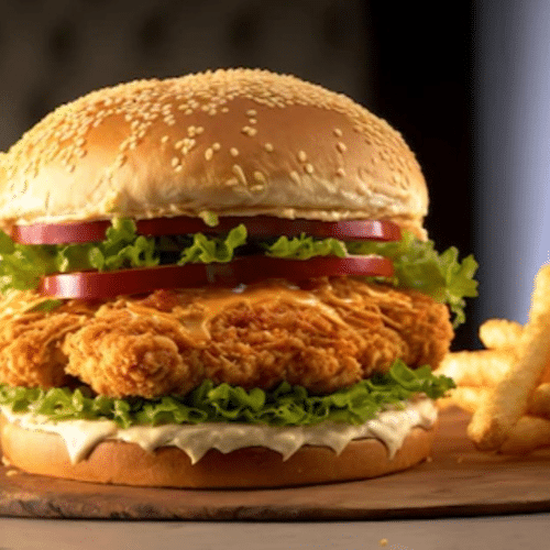 Krokante kipburger met frietjes