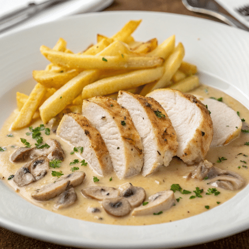 Émincé de poulet sauce champignons frites
