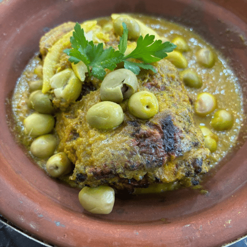 Tajine poulet, olive et frites