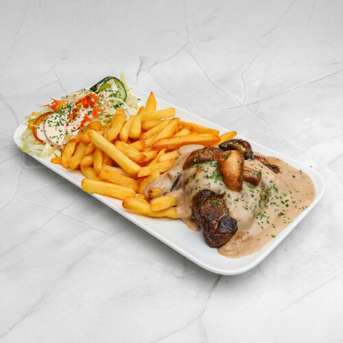 Assiette steak champignon crème
