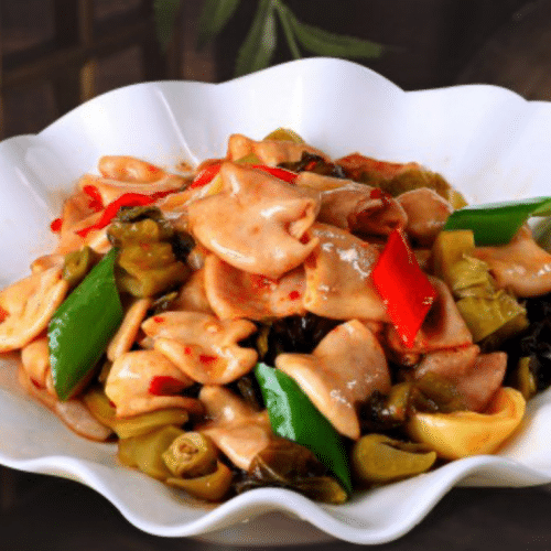 Varkensdarmen met ingelegde Chinese kool