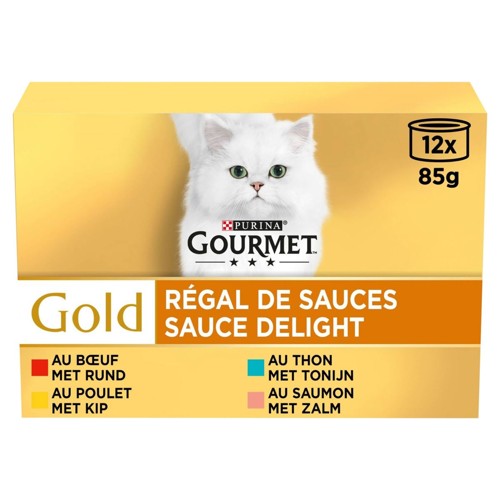 Gourmet Gold Aliment Chat Régal de Sauces Boeuf, Poulet, Thon et Saumon 12x85g