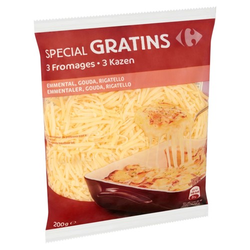 Carrefour Spécial Gratins 3 Fromages Emmental, Gouda, Rigatello 200 g