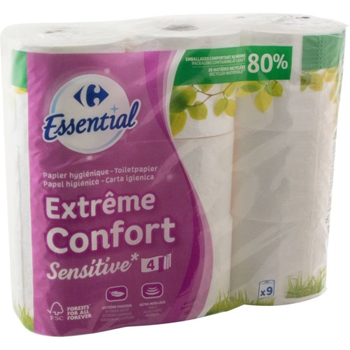 Carrefour Essential Papier Confort Sensitive 4-Épaisseurs 9 Rouleaux