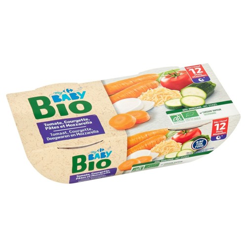 Carrefour Baby Bio Tomate, Courgette, Pâtes, Mozzarella 12M+ 2 x 200 g