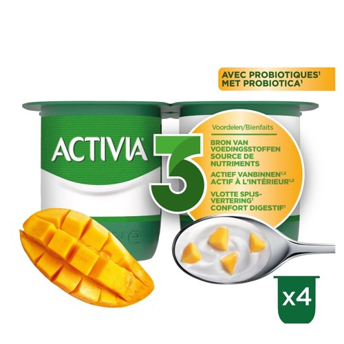 ACTIVIA Yaourt Mangue avec Morceaux - Pasteurisé - Probiotiques - 4x125g