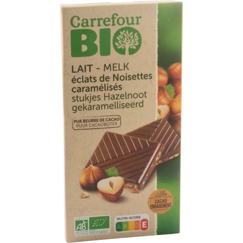 Carrefour Bio Chocolat Lait aux Éclats de Noisettes Caramélisés 100 g