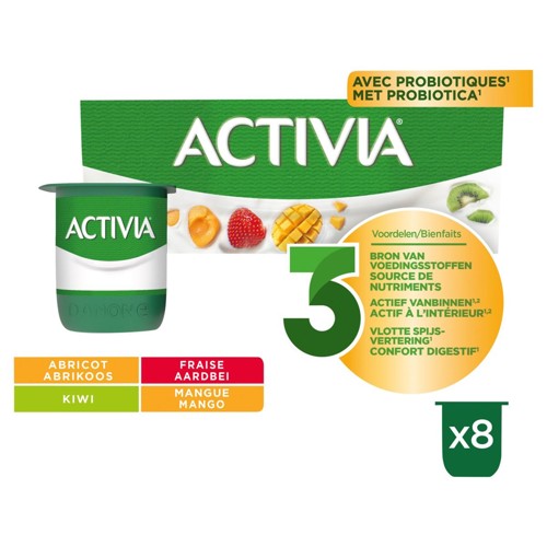 ACTIVIA Yaourt Fraise Abricot Kiwi Mangue - Pasteurisé - Probiotiques - 8x125g