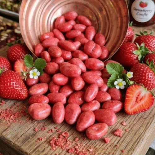 Aardbei chocolade amandel draje 100 gr.