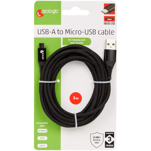 Sologic laad- en datakabel micro-Usb 3m