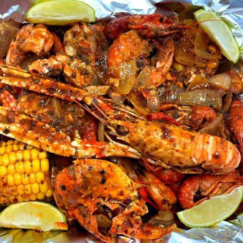 Sea food box en 1 caribbean pittige saus