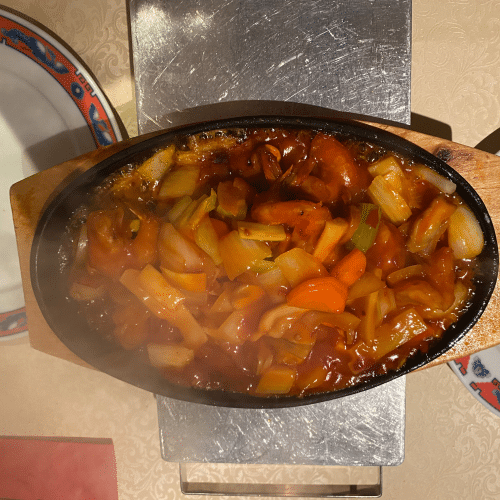 Teppan met scampi's en tomatensaus