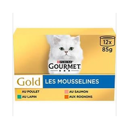 Pâtée pour chat mousselines poulet, saumon, rognons, lapin Gold