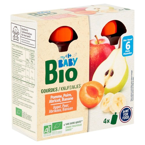 Carrefour Baby Bio Gourdes Pomme, Poire, Abricot, Banane 6M+ 4 x 90 g