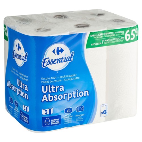 Carrefour Essential Essuie-Tout Ultra Absorption 3-Épaisseurs 6 Rouleaux