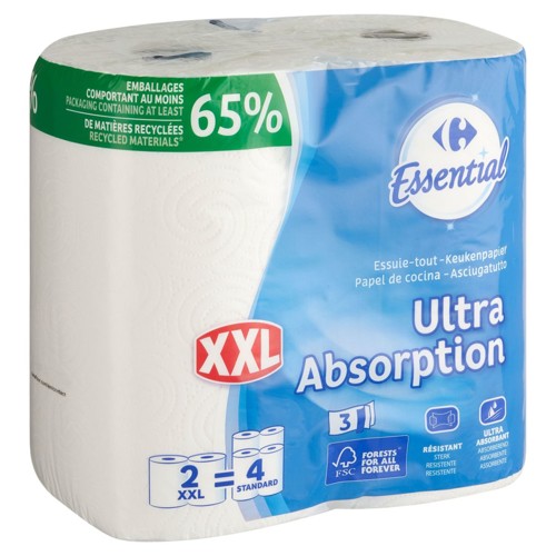 Carrefour Essuie-Tout Ultra Absorption 3-Épaisseurs XXL 2 Rouleaux