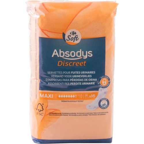Carrefour Soft Absodys Discreet Serviettes Fuites Urinaires Maxi 16x