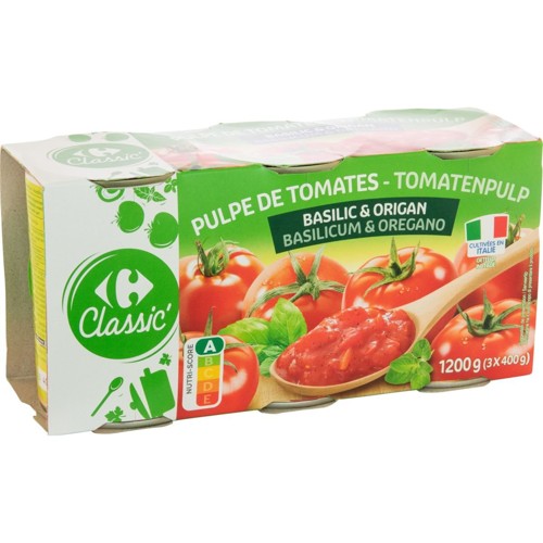 Carrefour Pulpe de Tomates Pelées en Dés Basilic et Origan 3 x 400 g