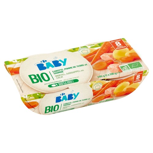 Carrefour Baby Bio Carotte, Pomme de Terre et Saumon 8M+ 2 x 200 g