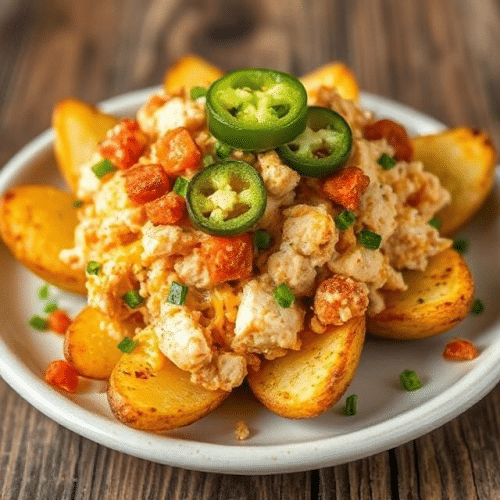 Spicy cheesy potatoes met kip large