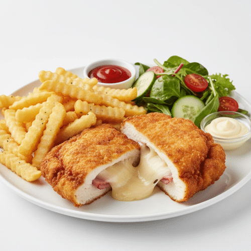 Cordon Bleu mit Pommes Frites und Salat