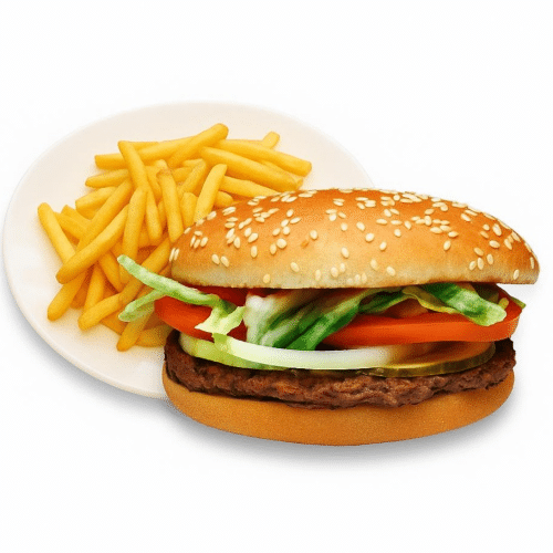 Mega Beef Burger Mitt portion Pommes oder salat