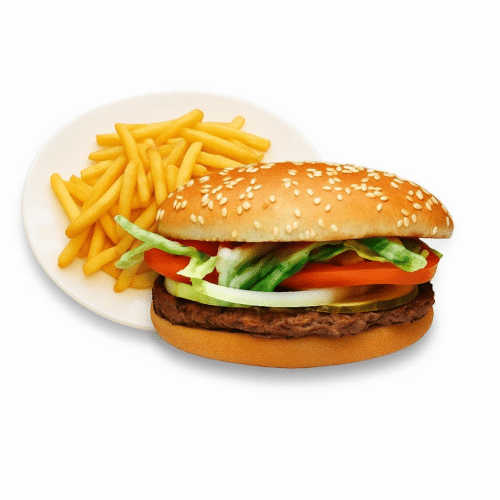 Mega Beef Burger Mitt portion Pommes oder salat