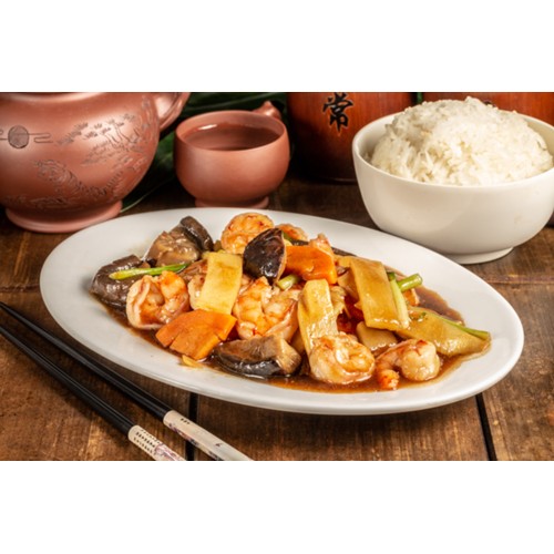 210.RIZ CREVETTES AUX CHAMPIGNONS ET POUSSES DE BAMBOU