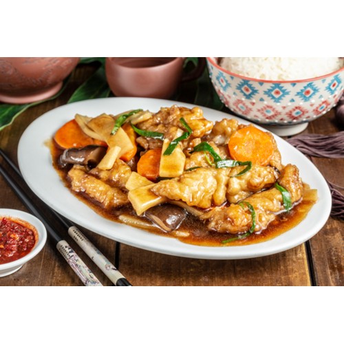 90.RIZ POISSON AUX CHAMPIGNONS ET POUSSES DE BAMBOU