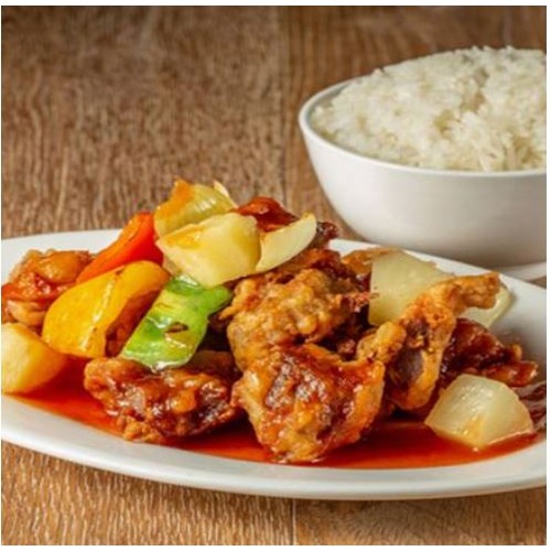 844. POULET SAUCE AIGRE-DOUX + RIZ CANTONAIS