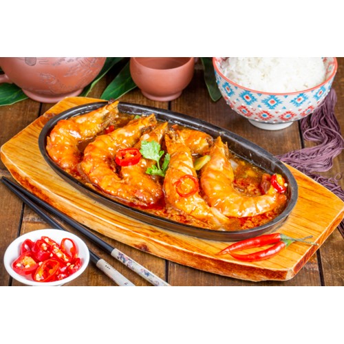 320.RIZ GAMBAS A LA SAUCE  XO (SAUCE FRUITS DE MER) SUR PLAQU...