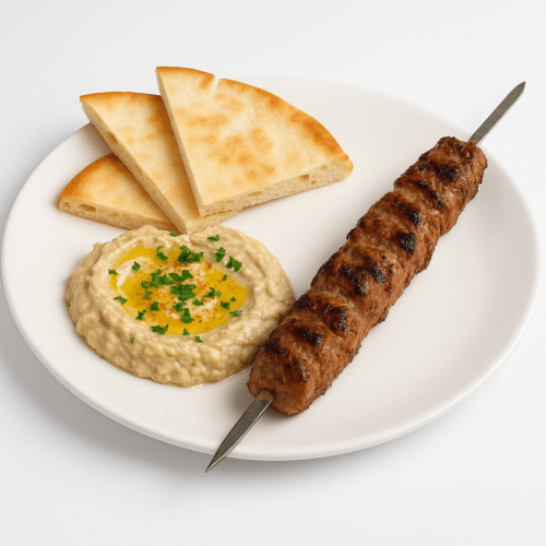 Baba Ganoush-Teller mit Grillspiess