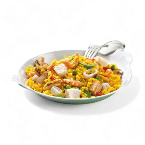Paella mit Alaska-Seelachs, Meeresfrüchten und Gemüse