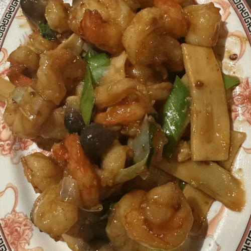 Crevettes sautée champignons et bambou 双东虾