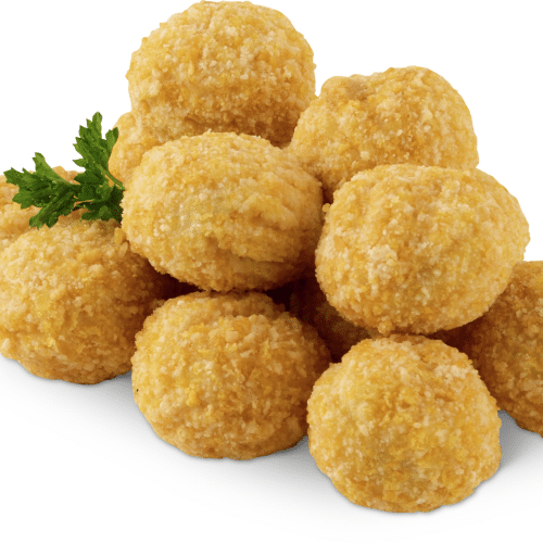 Poulet-Kugeln mit Curry und Pommes Frites