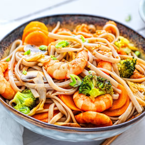 Soba sautées aux crevettes/Stir-fried Soba with shrimps 虾仁炒荞麦面