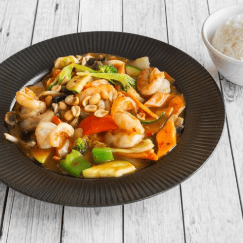Rejer med chilisauce & grøntsager