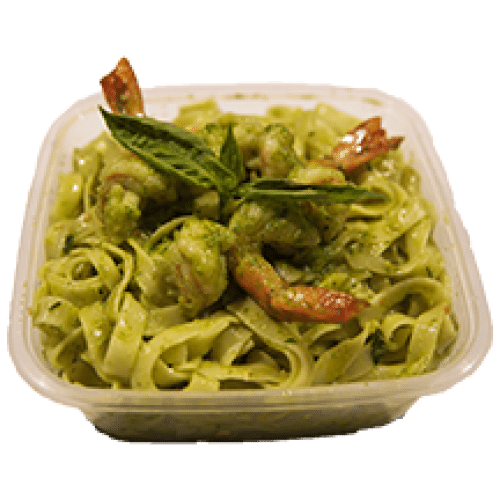 Tagliatelle with gambas and pesto arugula sauce