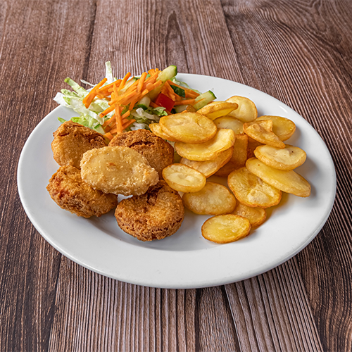 Aardappelschijfjes en kip nuggets