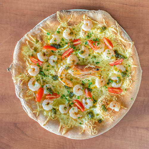 Pizza gamberoni & pesto di pistacchio