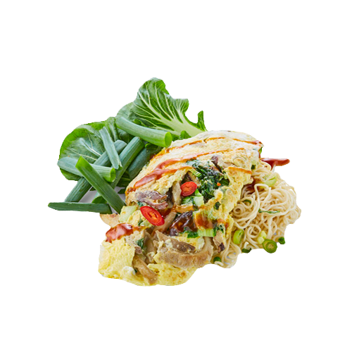 Vegetarische omelet met wok noodles